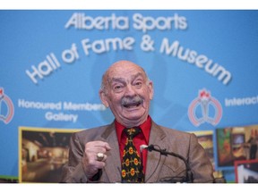 James "Bearcat" Murray, who was once a trainer in the NHL and for the Calgary Flames, is inducted into the Alberta Sports Hall of Fame in Calgary, on February 25, 2015.