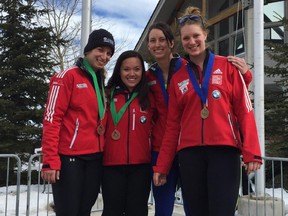 Alysia Rissling, left, will become the first to pilot an all women's sled in a FIBT-sanctioned four-man bobsleigh race when she leads her local crew of Josee Theoret, Courtenay Farrington and Julia Corrente.