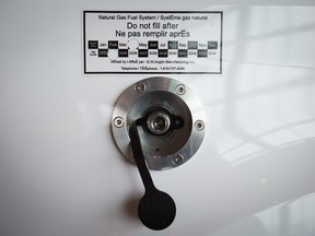 A natural gas refuelling port is seen on a vehicle at a Vancouver Board of Trade energy forum.