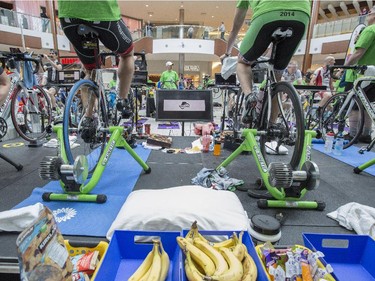 It takes a lot of food to fuel the participants of the 2015 CANSuffer to Conquer event, in which riders pedal for up to 24 consecutive hours to raise money for the fight against cancer at the Southcentre Mall in Calgary, on February 28, 2015.