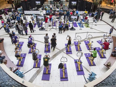 The 2015 CANSuffer to Conquer event, in which participants ride for up to 24 consecutive hours to raise money for the fight against cancer at the Southcentre Mall in Calgary, on February 28, 2015.