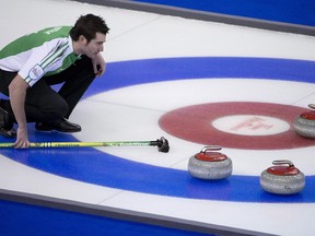Brock Virtue, seen lining up a shot in the 2013 Brier as the Saskatchewan representative, now curls out of The Glencoe Club in Calgary. His rink is the No. 3 seed at the Boston Pizza Cup Alberta men's curling provincials in Wainwright, which kicked off on Wednesday.