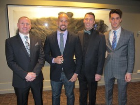 Cal 0228 Bully 7  Pictured at Bullying Ends Here held Feb 21 at Hotel Arts are, from left, Bullying Ends here vice-president Andy Buck with special guests and keynote speakers this night Jon Cornish, Tad Milline and John Fennell.