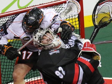 Calgary Roughneck goalie Frankie Scigliano is tackled by the Buffalo Bandits' Ryan Benesch the Buffalo Bandits during National Lacrosse League action at the Scotiabank Saddledome on Saturday Feb. 7, 2015. The Roughnecks ended up loosing 15-14.