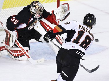 Calgary Hitmen Jake Virtanen couldn't missed on this shot on Prince George Cougars goaltender Ty Edmonds during first period of WHL action at the Scotiabank Saddledome on Wednesday February 11, 2015.