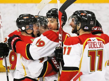The Calgary Dinos celebrate scoring during on the Mount Royal Cougars in the first period the CIS Canada West men's semifinal series at Father David Bauer Arena on Friday evening February 27, 2014.
