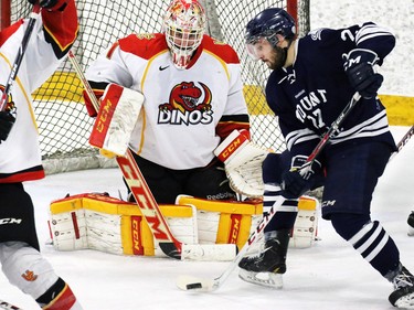 The Calgary Dinos' Kris Lazaruk stopped this scoring chance by the Mount Royal Cougars' Cody Cartier during the second period the CIS Canada West men's semifinal series at Father David Bauer Arena on Friday evening February 27, 2014.