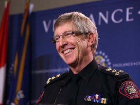 Calgary Police Chief Rick Hanson tells media he is stepping down, in Calgary on February 25, 2015.