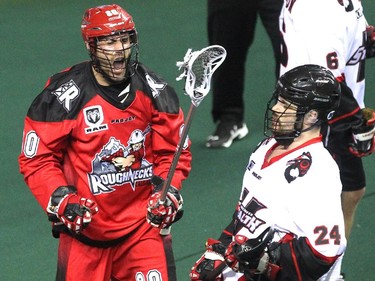 Calgary Roughnecks transition Peter McFetridge celebrated after scoring against the Vancouver Stealth during first half National Lacrosse League action at the Scotiabank Saddledome on February 21, 2015.