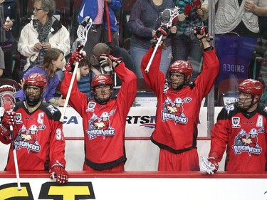 Members of the Calgary Roughnecks bench reacted as the seconds ticked down against the Vancouver Stealth during second half National Lacrosse League action at the Scotiabank Saddledome on February 21, 2015. The Roughnecks broke their winless season with a 16-13 win over Vancouver.