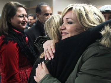 Incumbent Sandra Jansen got a hug from her daughter Barrett Potts after the results of the PC nomination race for Calgary-North West were read at the Crowchild Twin Arenas on February 21, 2015. Jansen defeated her opponent Blair Houston to claim the nomination.