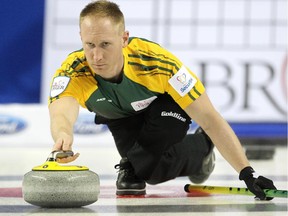 Northern Ontario skip Brad Jacobs delivered the rock during the team practices on Friday for the Tim Hortons Brier in Calgary on February 27, 2015.
