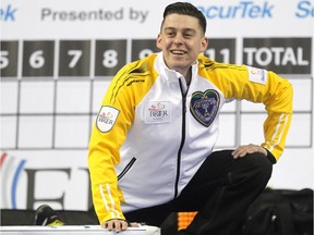 Manitoba lead Colin Hodgson practiced with his teammates during the team practices on Friday for the Tim Hortons Brier in Calgary on February 27, 2015. When not on the ice, Hodgson works as a chef and has ties to Calgary.