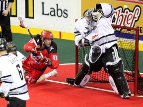 Calgary Roughnecks forward Curtis Dickson, seen shooting on Edmonton Rush goalie Aaron Bold in a game last weekend, scored his third hat trick of the season on Saturday, but Calgary fell to Toronto.