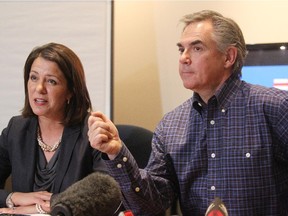 Premier Jim Prentice joined Highwood MLA Danielle Smith and other officials in making an announcement regarding changes to the Distaster Recovery Program in High River on January 24, 2015.