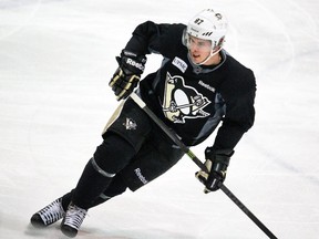 Sidney Crosby practises with the rest of the Pittsburgh Penguins at the Corral at Stampede Park in Calgary, Feb. 05, 2015.