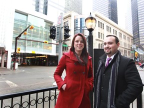 Retail leasing associates Jamie Lefebre, left, and Jonathan Gheron of Barclay Street Real Estate in Calgary's downtown.