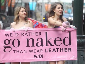 People for the Ethical Treatment of Animals protesters draw attention on Stephen Avenue. The two women, wearing vegan cowboy boots and little else, passed out leaflets urging people to avoid leather shoes or bags in favour of vegan leather.