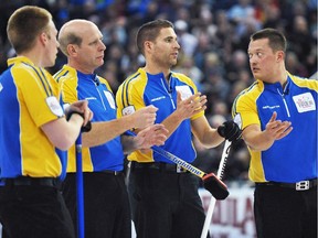 Kevin Martin's Team Alberta at the 2013 Brier in Edmonton included, from left, Marc Kennedy, Martin, John Morris and Ben Hebert. Heading into Calgary's Brier this weekend, Kennedy and Hebert are members of Kevin Koe's rink, while Morris heads up his own rink from our city.