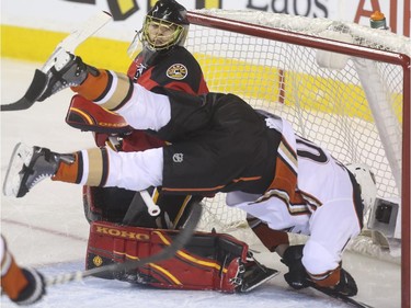 Anaheim Ducks' Corey Perry takes a dive into Calgary Flames net during game action at the Saddledome in Calgary, on February 20, 2015.
