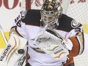 Anaheim Ducks John Gibson gloves a shot from the Calgary Flames during game action at the Saddledome in Calgary, on February 20, 2015.