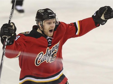 Calgary Flames' Matt Stajan is pumped after scoring a goal during game action against the Winnipeg Jets at the Saddledome in Calgary, on February 2, 2015.
