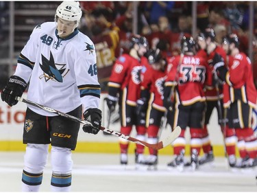 San Jose Sharks' Tomas Hertl, left, skates to his bench as the Flames celebrate scoring their third goal in the second period at the Saddledome in Calgary, on February 4, 2015. --
