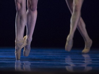 Dancers preform the Fumbling Towards Ecstasy ballet, which follows a woman's life of loves from childhood  romance to mature love, dress rehearsal at the Jubilee Auditorium in Calgary, on February 11, 2015.