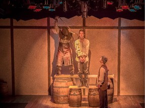 Geoffrey Simon Brown, Christian Goutsis, and Karl Sine in the Shakespeare Company production of Equivocation, in Calgary, February 24, 2015.