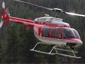 A rescue helicopter is pictured at Lake Louise