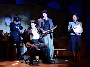 A campy interrogation scene from Stage West's noir-inspired And Then the Lights Went Out
