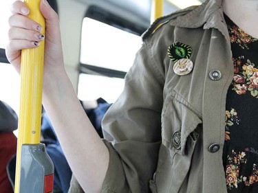 DeSorcy's love of grunge is evident in the patches and buttons on her over-sized jacket.