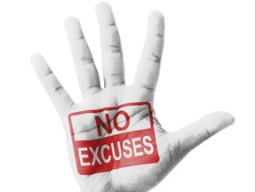 Open hand raised, No Excuses sign painted, multi purpose concept - isolated on white background
