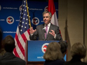 Alberta, Canada Premier Jim Prentice gestures during his keynote address at the US Chamber of Commerce in Washington,Wednesday, Feb. 4, 2015. Prentice spoke about free trade and an importance of an integrated North America energy economy.