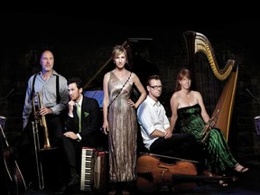 Judgement of Paris ensemble, led by the show's writer Tom Allen, from left to right, Tom Allen - narration & trombone; Bryce Kulak - piano, voice; Patricia O'Callaghan - voice; Kevin Fox - cello & voice; Lori Gemmell - harp