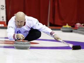 Kevin Koe in action at the Boston Pizza Cup Alberta men‚'s curling championship at the Peace Memorial Multiplex in Wainwright on Thursday, Feb. 5, 2015.