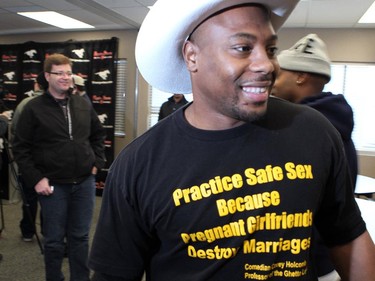 Nik Lewis wore a tee shirt that he probably shouldn't have as the Calgary Stampeders were packing up their lockers and heading out for the season on Nov. 27, 2012.