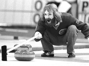 Paul Gowsell, circa 1980, 
yells to teammates in a game against Rick Folk at the 1980 Labatt Brier in Calgary.