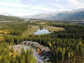 An aerial photo of the Peaks of Grassi community in Canmore.