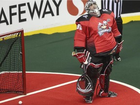 Roughnecks goalie Frankie Scigliano isn't impressed after letting in a goal during the Roughnecks home opener against the Vancouver Stealth in Calgary, on January 3, 2015.