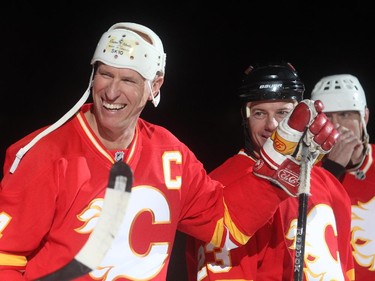 Former Calgary Flames captain and current assistant coach Martin Gelina are introduced before the start of the Nathan O'Brien Children's Foundation hockey game Thursday February 5, 2015 at the Saddledome. A team made up of Nathan's family, local police and politicians took on a Calgary Flames Alumni squad.
