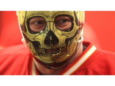 Goalie Warren Skorodenski wears his striking mask before the start of the Nathan O'Brien Children's Foundation hockey game Thursday February 5, 2015 at the Saddledome. A team made up of Nathan's family, local police and politicians took on a Calgary Flames Alumni squad.