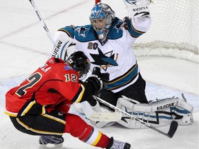 San Jose Sharks goalie Evgeni Nabokov had many battles against former Calgary Flames captain Jarome Iginla, including this one in April 2010.