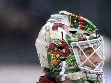 Minnesota Wild netminder Devan Dubnyk during their game against the Calgary Flames at the Scotiabbank Saddledome in Calgary on February 18, 2015.