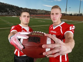 Calgary brothers Colton, left and Brett Hunchak are on the U19 Team Canada football team that will be playing against Team USA in Texas in Saturday's U19 International Bowl.