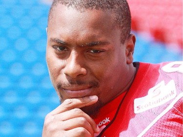 One of the many varied and expressive faces of Stampeders receiver Nik Lewis at McMahon Stadium in 2010.