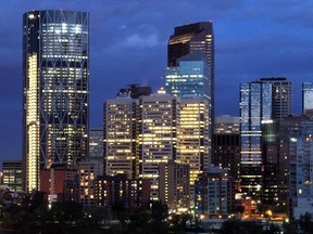 The Bow Tower dominates the Calgary skyline as seen at dusk Friday evening May 25, 2012 from McHugh Bluff.