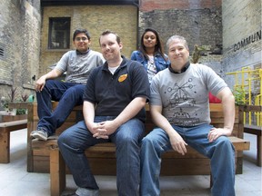 The Wagepoint executive team, left to right: CEO Shrad Rao, Darryl Hunter, owner of Zoup KW, Leena Thampan, Wagepoint CMO and Ryan Dineen, Wagepoint chief operating officer.