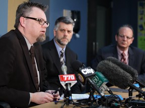 Calgary Transit Director Doug Morgan, left, Transportation GM Mac Logan, and City Manager Jeff Fielding respond to issues raised by allegations of sexual assault by a Calgary Transit bus driver.