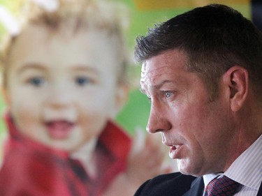 Sheldon Kennedy speaks during an announcement about increased counselling services for child victims of physical and sexual abuse at the Sheldon Kennedy Chid Advocacy centre  in Calgary on February 6, 2014.